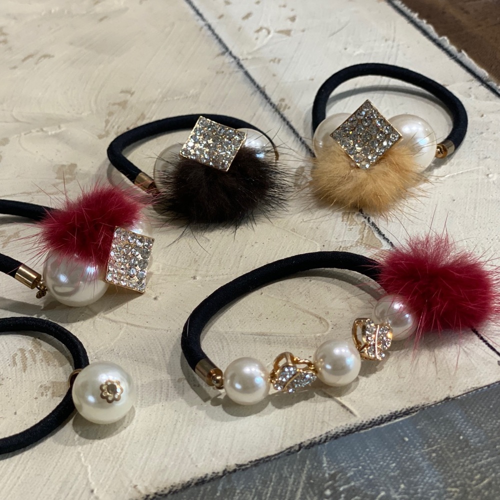 Pearl Ball Pom-Pom Hair Ties or Bracelet Crystal